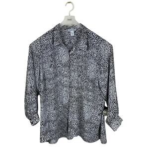 Rachel Zoe Blouse Button Down Cheetah Print Black White Statement Office